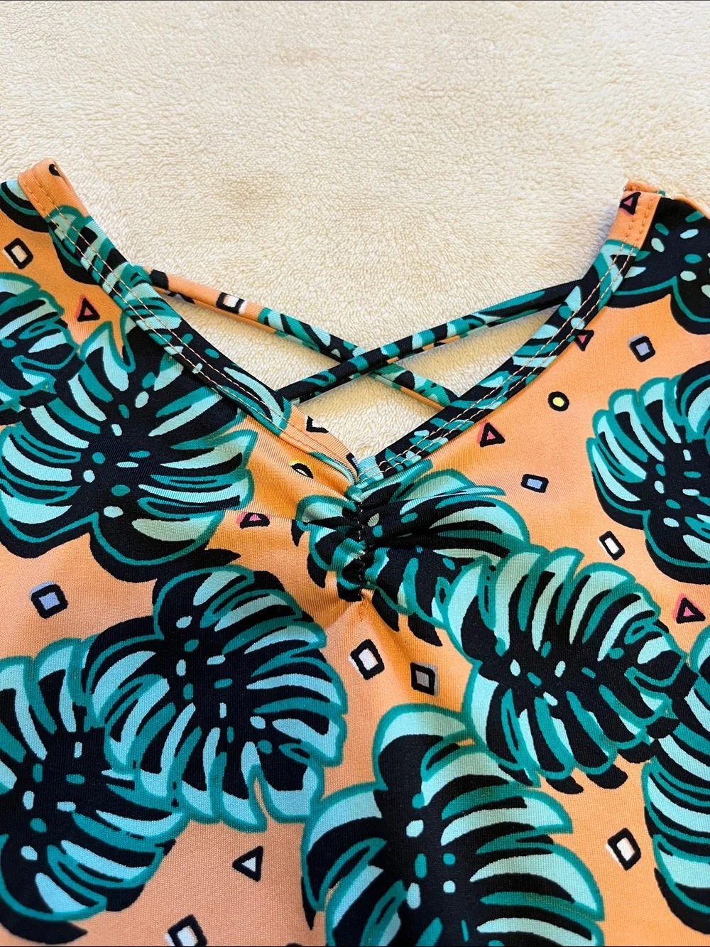 Dot Dot Smile | Little Girls Peach Monstera Leaf Dress 3/4
